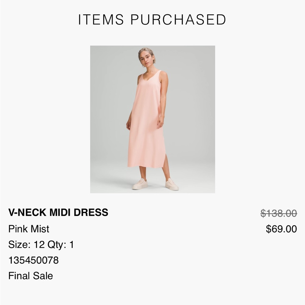 Lululemon woman’s v neck midi dress. Soft pink. Lined. Side slit. Size 12. NWT